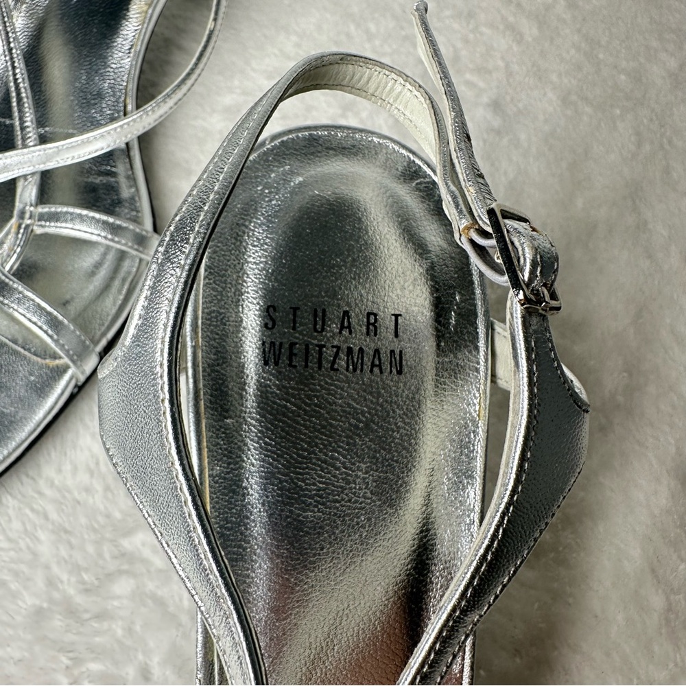 Stuart Weitzman Made in Spain  Silver Satin Strappy Leather Sole Heels Size 10 - Picture 5 of 15
